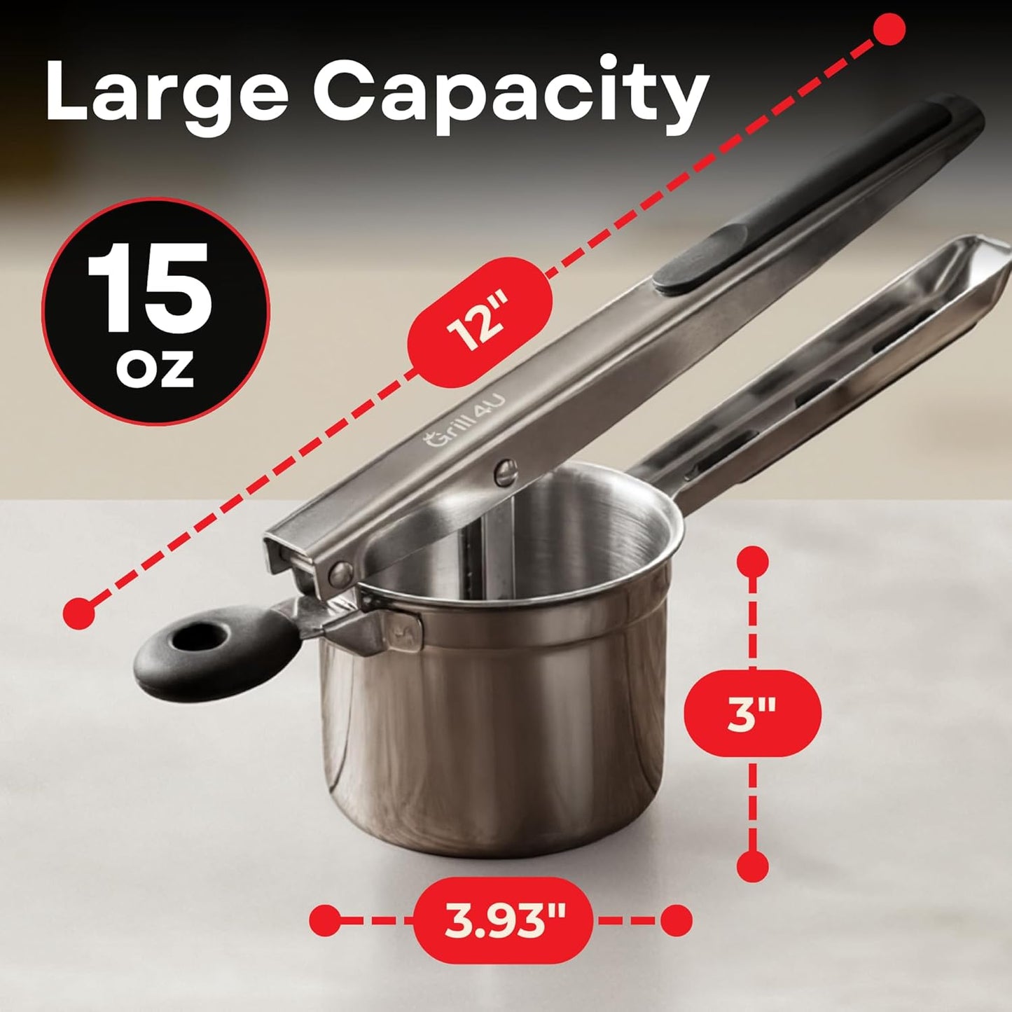 Skiennix 15oz Potato Ricer - Professional Stainless Steel Masher for Fluffy Mashed Potatoes & Gnocchi | Ergonomic Silicone Handles, Dishwasher Safe