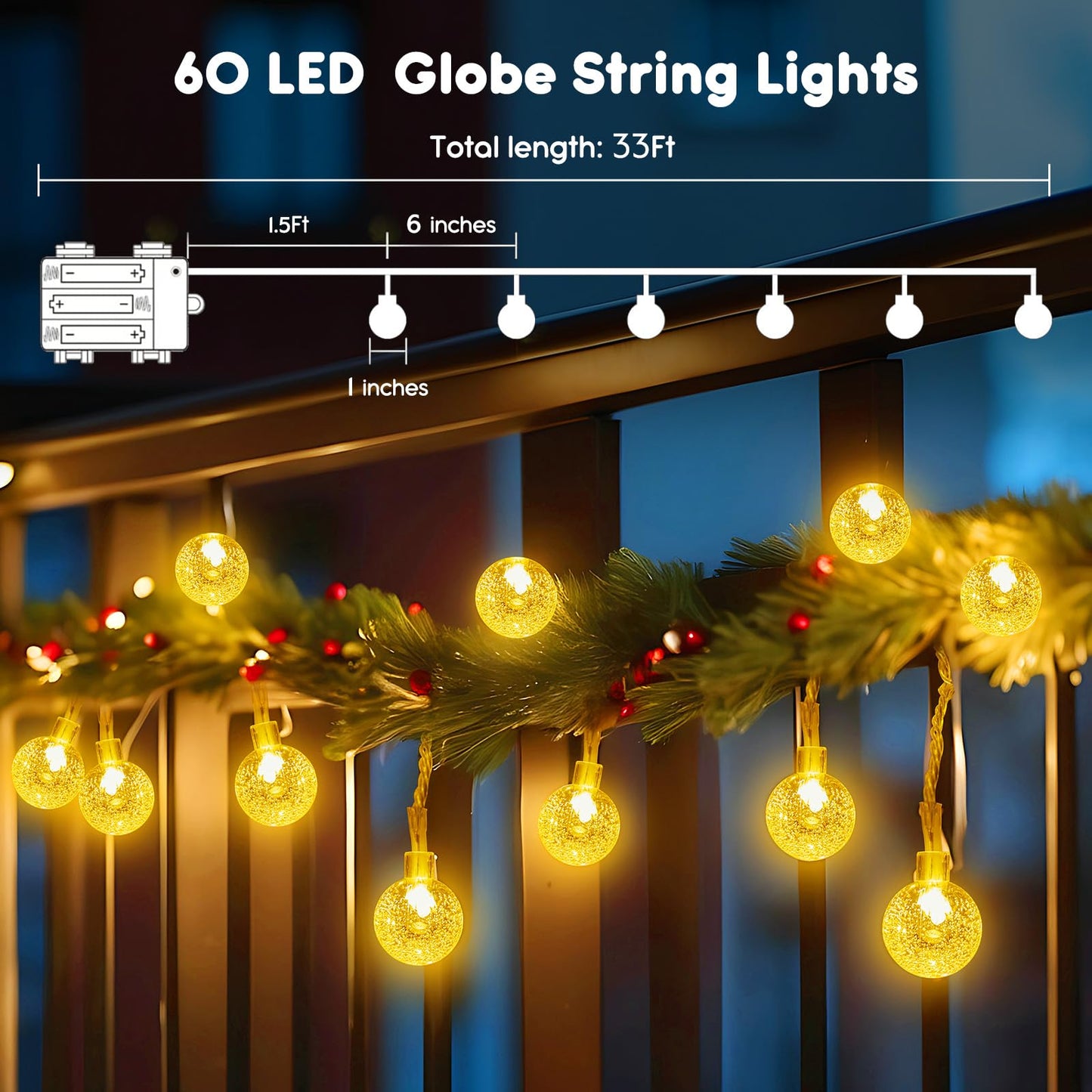 Minetom Crystal Globe String Lights Battery Operated - 33 ft 60 LED Globe Fairy Lights with Remote and 8 Modes, Waterproof for Bedroom Tent Loft Camping Porch Patio Party Wedding Decor, Warm White