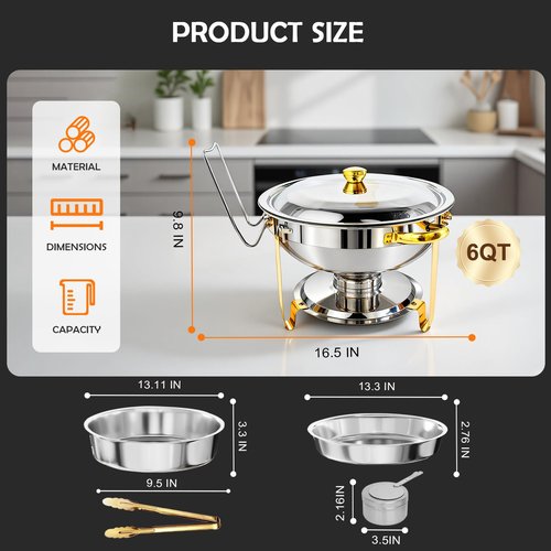 ALSO GO Round Chafing Dishes for Buffet 4 Pack, 6QT Chafing Dishes Buffet Set Gold, Catering Food Warmer for Parties Buffet with Full Size Chafing Pans, Stainless Steel Warming Trays for Thanksgiving