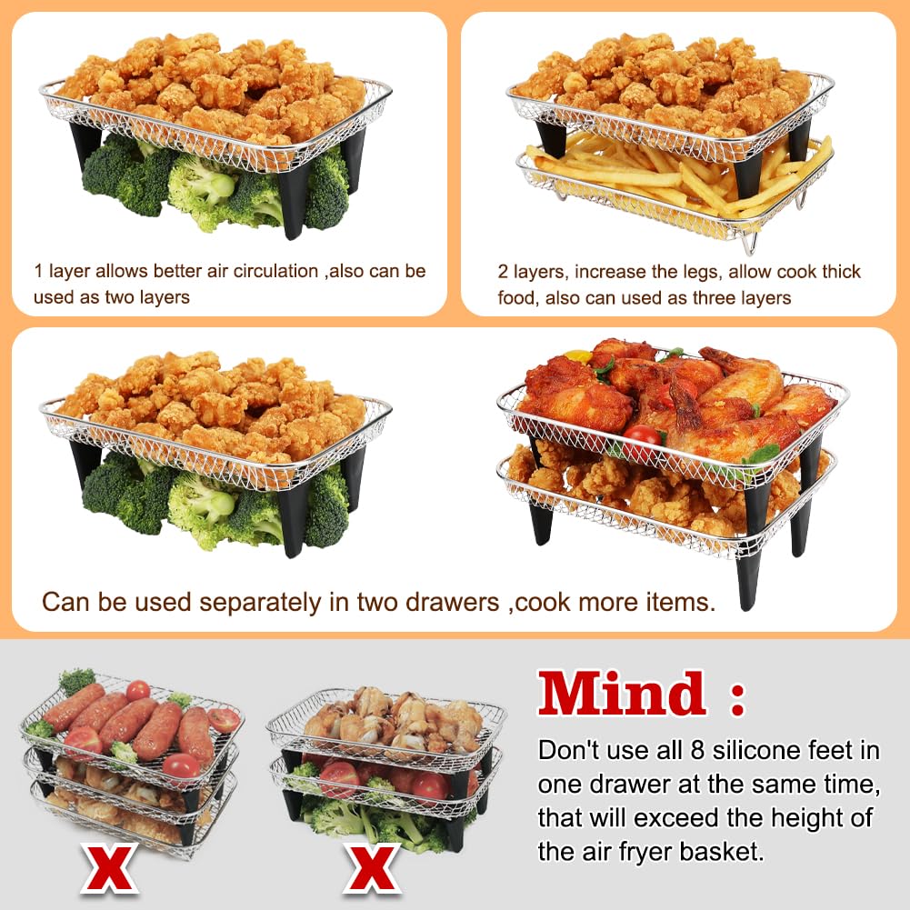 BYKITCHEN Air Fryer Rack for Ninja 8 QT DZ201/ SL201 DualZone Airfryer/Bella 4QT Slim Airfryer&More, 3pcs Stackable Stainless Steel Dehydrator Rack with Silicone Feet, Ninja Air Fryer Accessories