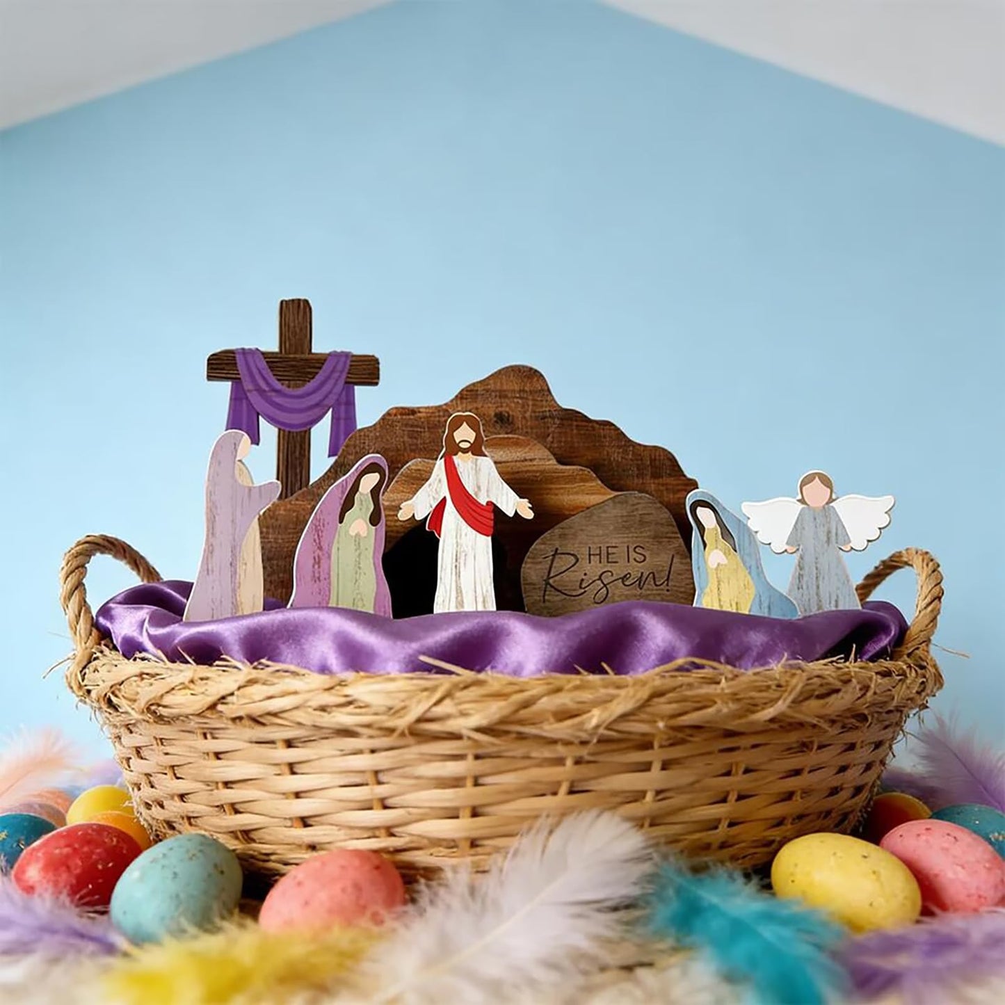 ZOUNYIN Empty Tomb Easter Scene Cross Decoration, Wooden Resurrection Tabletop Decor Set for Religious Home, Office, Shelf & Farmhouse Display