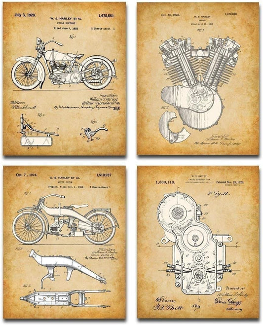 Harley Davidson Motorcycle Patent Wall Art Prints - Set of 4 Unframed 8x10 Posters for Home Decor & Gifts