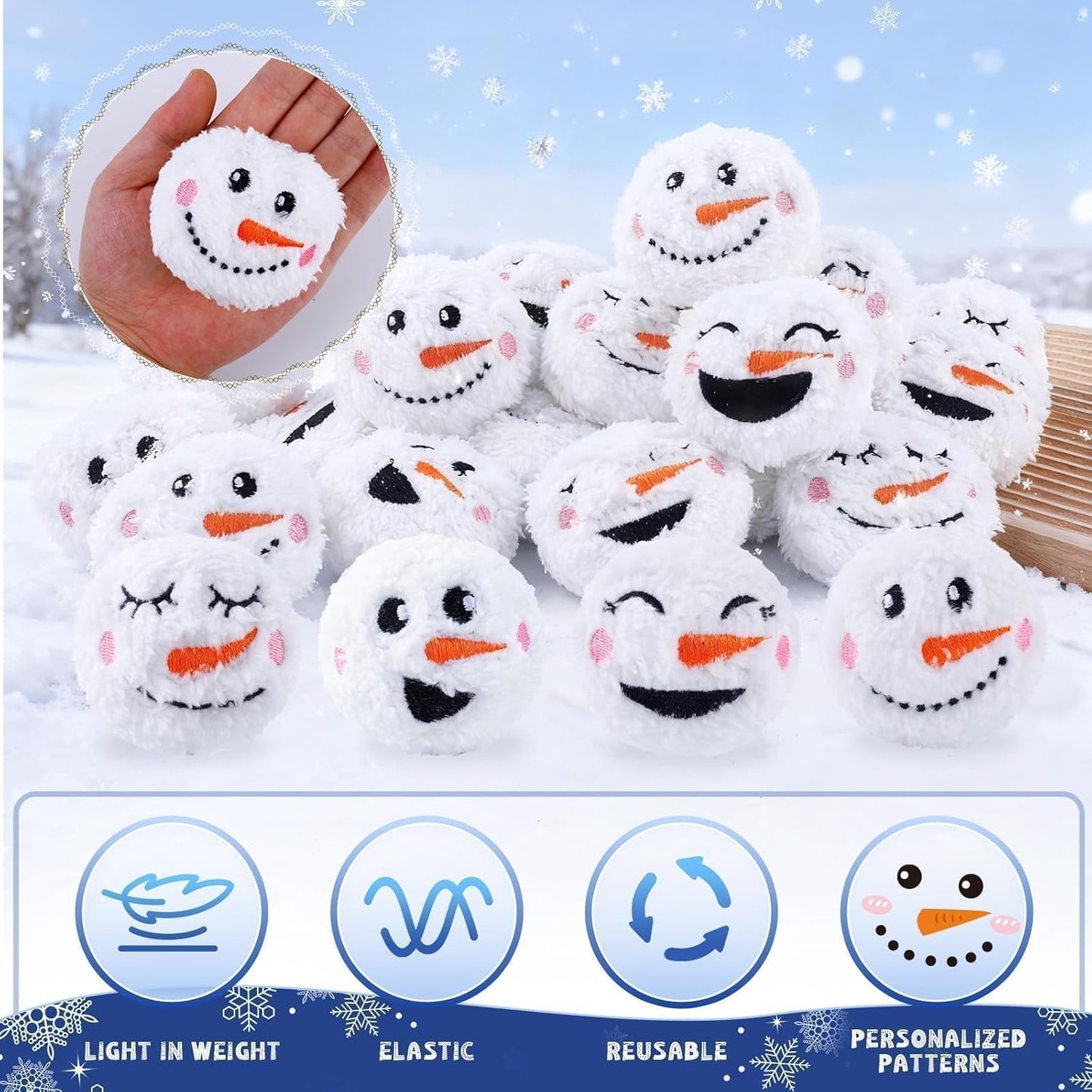 Snow Fake Balls - 2.8 Inch Smiling Snowman Face Snowballs | Metal Bucket for Indoor/Outdoor Winter Fun