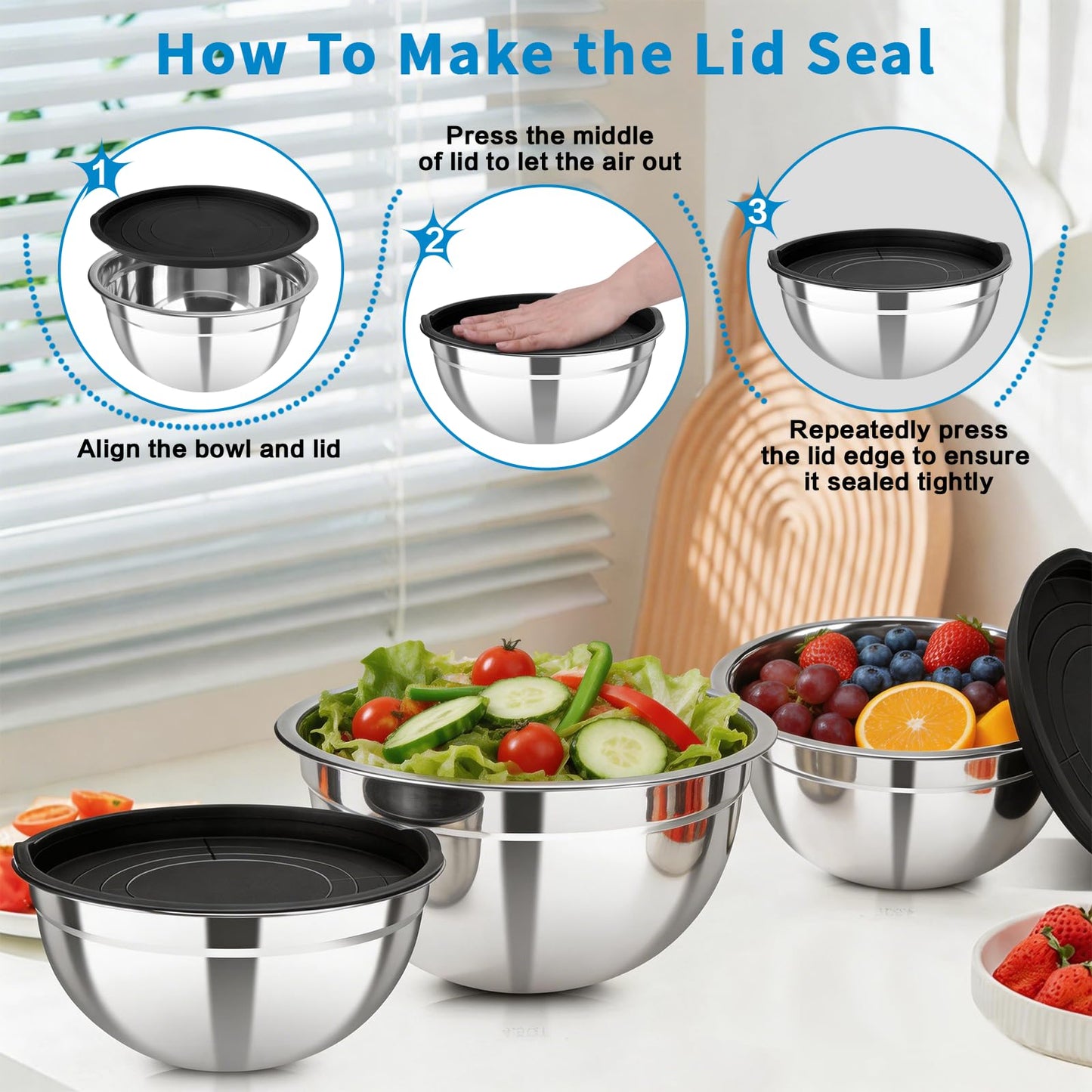 YJSLICT Stainless Steel Mixing Bowls with Lids Set (Size 0.7, 1.1, 1.5, 2.1, 3.5, 4, 4.5QT)
