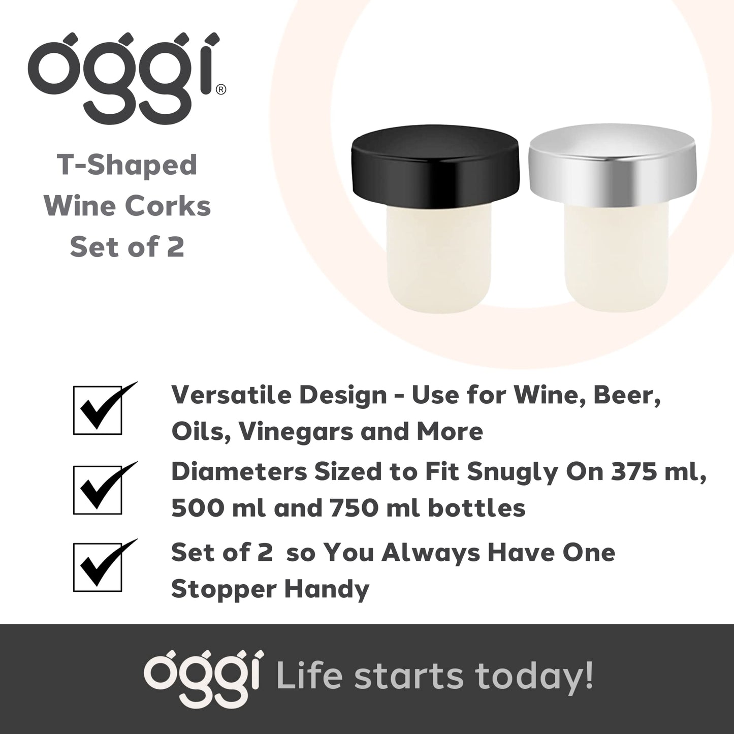 OGGI T-shaped Wine Corks, 2-pc Set, Reusable & Low Profile for Wine & Beer Bottles DIY Craft (Black, Silver)
