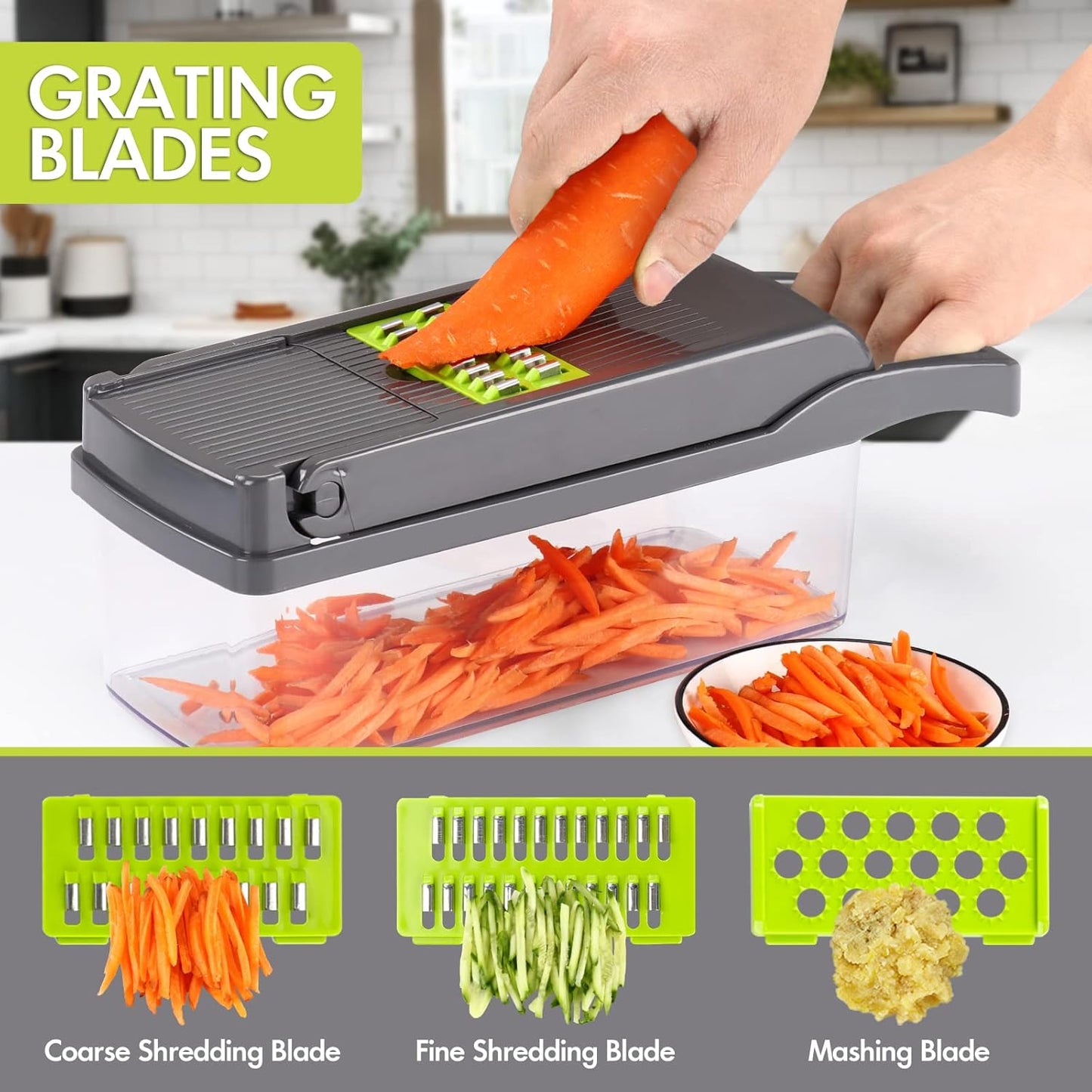 Ourokhome Vegetable Chopper - 12-in-1 Professional Mandoline Slicer with 8 Blades & Strainer Basket - Gray