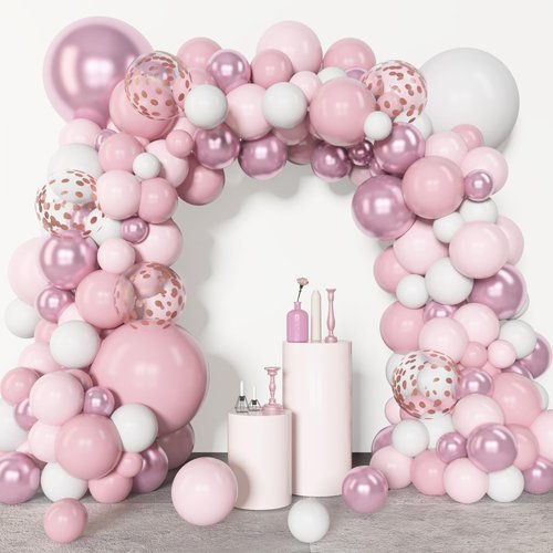 Amandir 153pcs Pink Balloon Garland Arch Kit, Different Sizes 18 12 10 5 inch Hot Pink Latex Metallic Confetti Pink Balloons for Birthday Princess Wedding Baby Shower Party Decorations