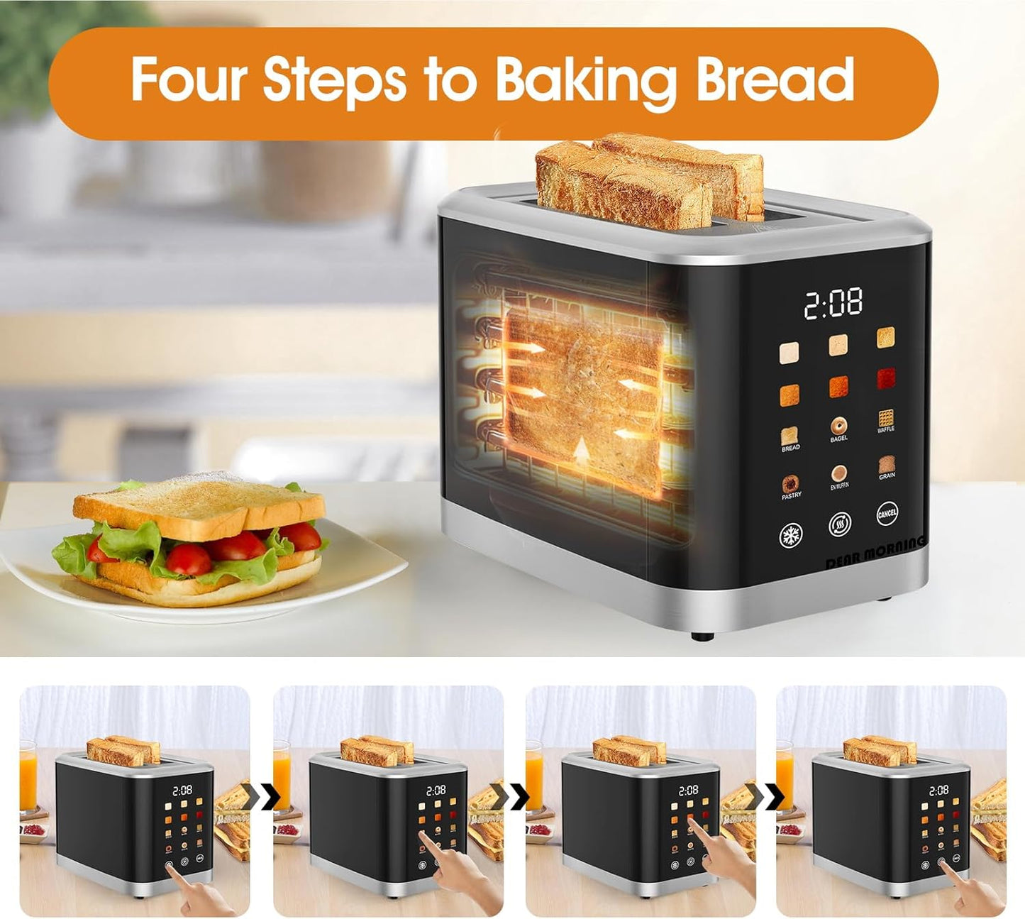 Skiennix 2-Slice Touch Screen Toaster - Digital Timer, 6 Bread Types & Shade Settings | Extra Wide Slots