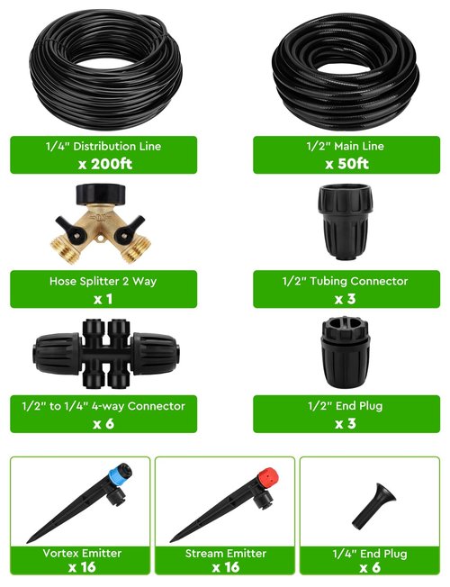 Drip Irrigation System by [Brand Name] - 250FT Garden Kit with 50FT Main Tube & 200FT Branch Tubing | Ideal for Outdoor Plants & Greenhouses