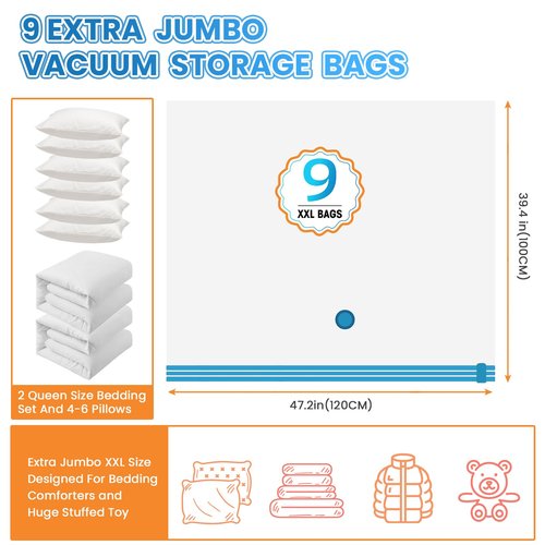 9 Pack XXL Jumbo Vacuum Storage Bags, Double-layer Design Leak-proof and Puncture-resistant, Extra Large Space Saver Vacuum Seal Bags for Comforters, Bedding, Blankets, Huge Stuffed Toy (47.2x39.4 in)