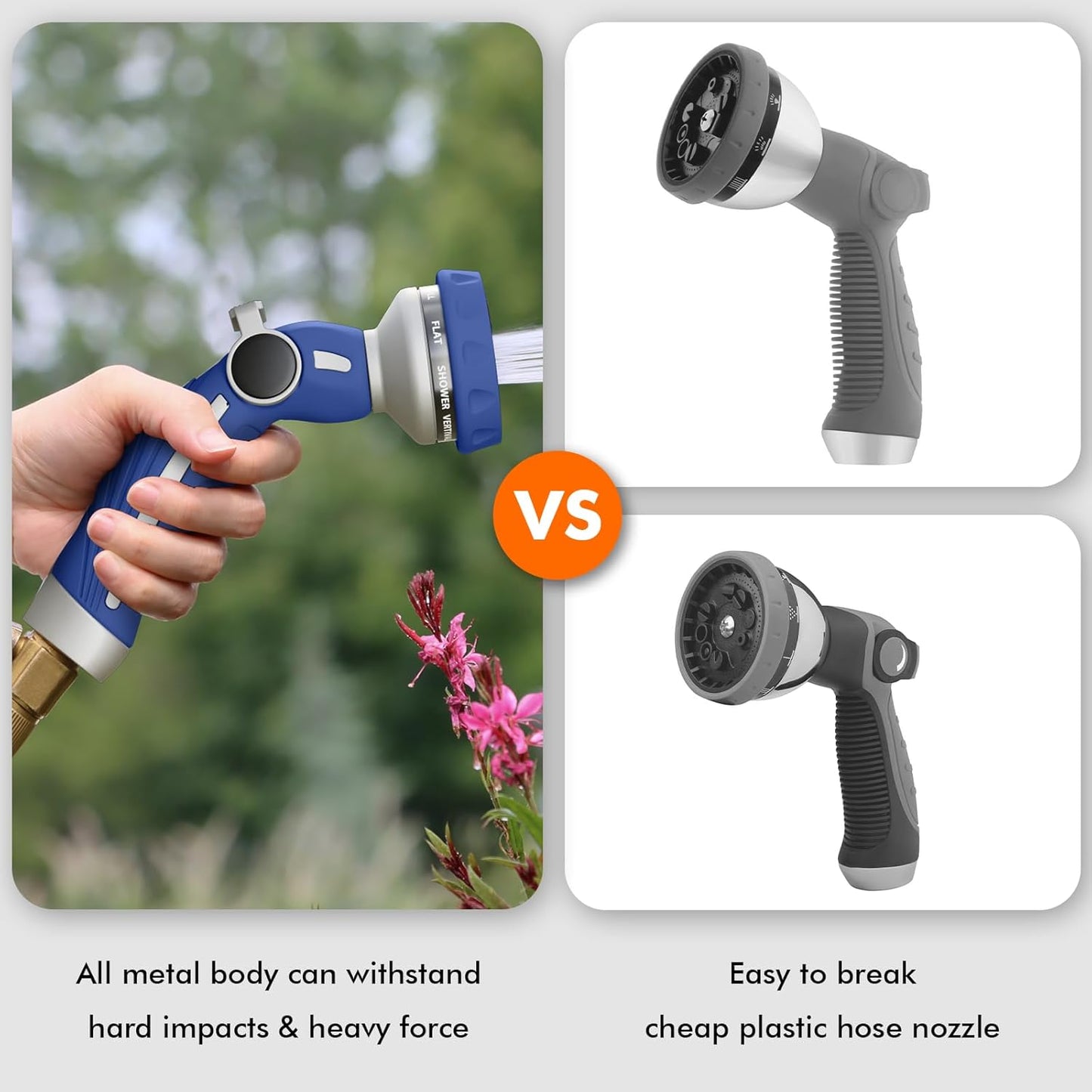 RESTMO Heavy-Duty Metal Hose Nozzle - 9 Spray Patterns | High Pressure with Thumb Flow Control | Ideal for Lawn, Car & Pet Washing, Blue