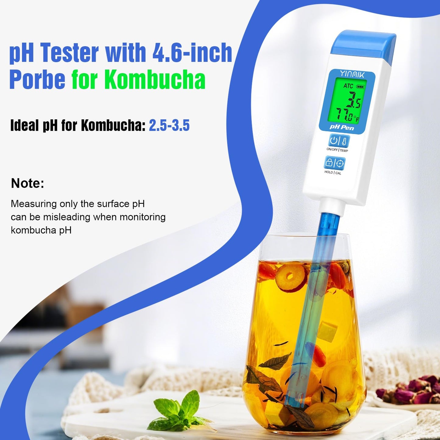 pH Meter for Water Digital pH Tester with 4.6in pH Probe Lab pH Gauge pH Reader with ATC for Canning Professional pH Temperature Test Kit for Narrow-Necked Bottle Solution Kombucha and Home Brewing