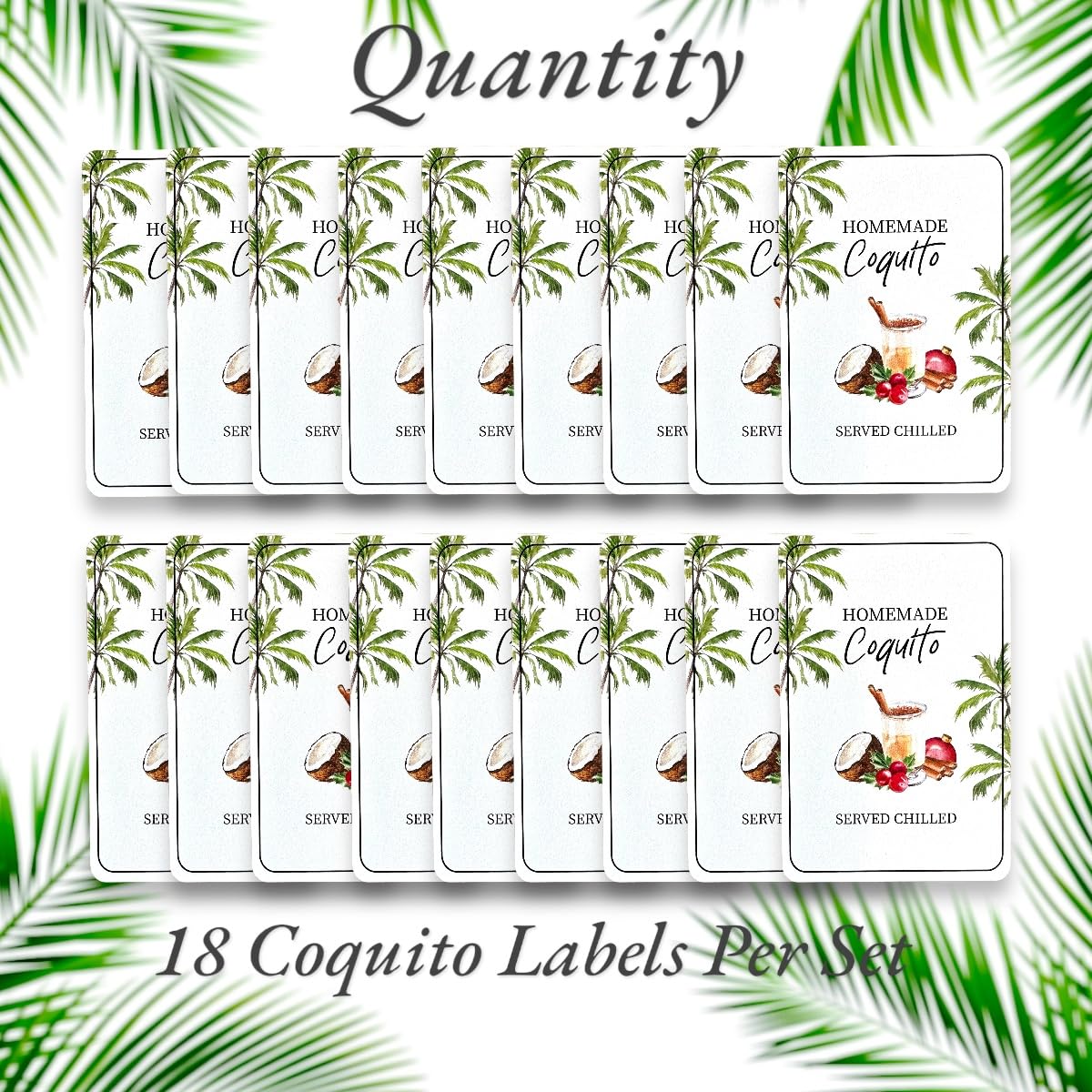18pcs Coquito Labels for Bottles Christmas, Size 2" X 3" Coquito Xmas Puerto Rico Stickers, for 8oz, 16oz, 32oz Bottles
