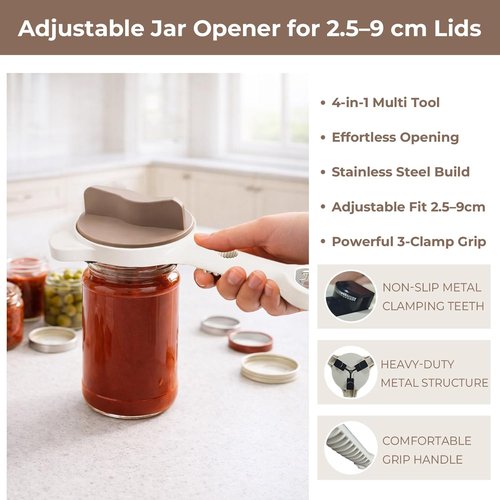 Adjustable Stainless Steel Jar Opener by [Brand Name] - 4-in-1 Multi-Function Bottle Opener with Secure Grip | Easy Twist Kitchen Tool (Beige)