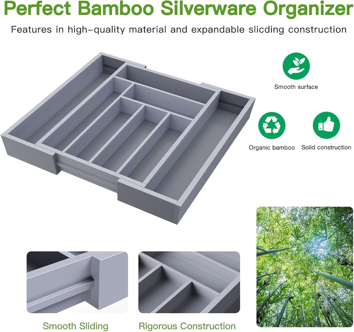 Pipishell Bamboo Drawer Organizer - Adjustable Utensil Holder & Cutlery Tray | Grey, Expandable Design