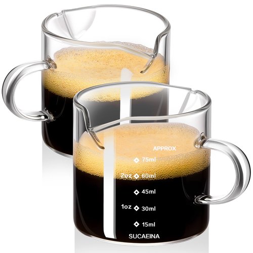 gegewawa Espresso Cups Set of 2 with Handle, 2.5 OZ Double Spout Espresso Shot Cups Glass Measuring Cup with Dual Scale, Espresso Shot Glass with V-Shaped Mouth, Espresso Accessories