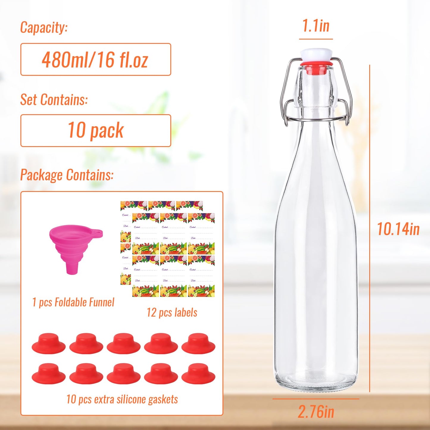 SZUAH 6-Pack 16oz Airtight Swing Top Glass Bottles – Heavy-Duty Reusable Bottles with Stopper for Home Brewing Kombucha, Beer, Vanilla Extract, Craft Sodas & More | Complete Brewing Kit