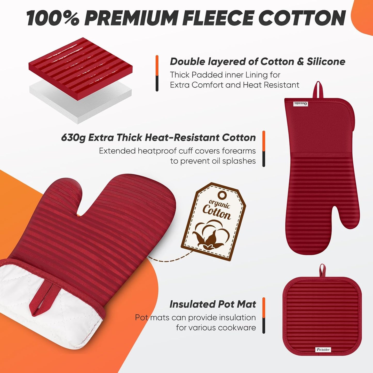 Skiennix Oven Mitts Set - 500°F Heat Resistant Gloves with Silicone Grip & Kitchen Towels | Red