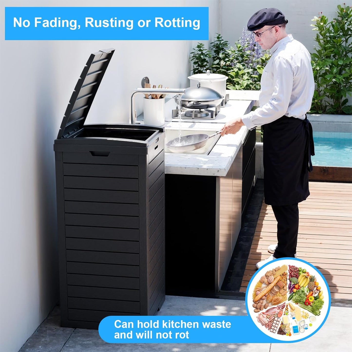 Skiennix Outdoor Trash Can - Waterproof Resin Garbage Bin with Dual Lid & Pull-Out Drawer | 38 Gallon, Black
