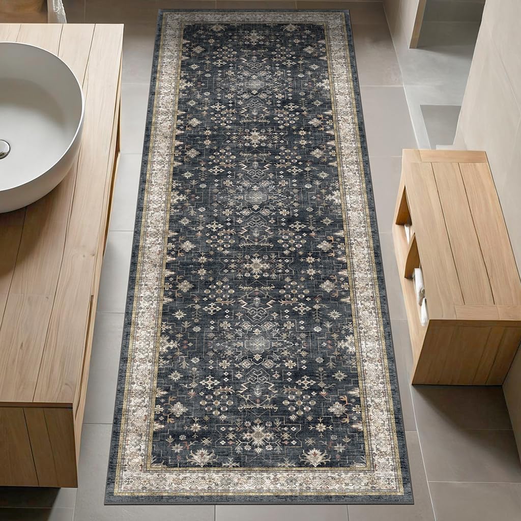 Skiennix Black Boho Runner Rug - Washable, Non-Slip, Soft & Stain Resistant | 2x6 ft for Hallway, Kitchen, Bedroom