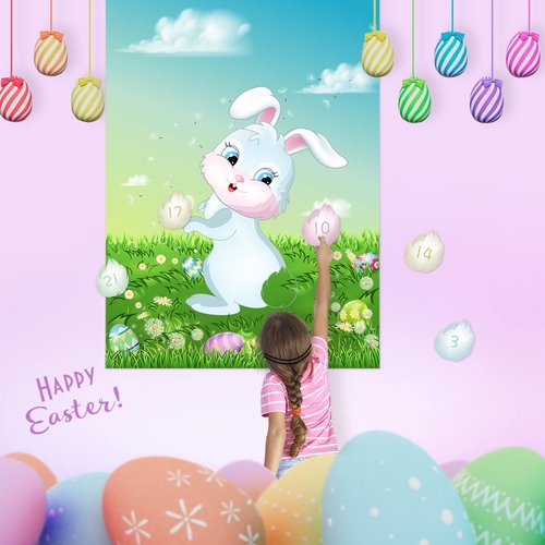 ASTARON Pin The Tail on The Bunny Game for Birthday Party, Easter Party Game with 24 pcs Tail Stickers for Happy Easter Party Decoration Supplies
