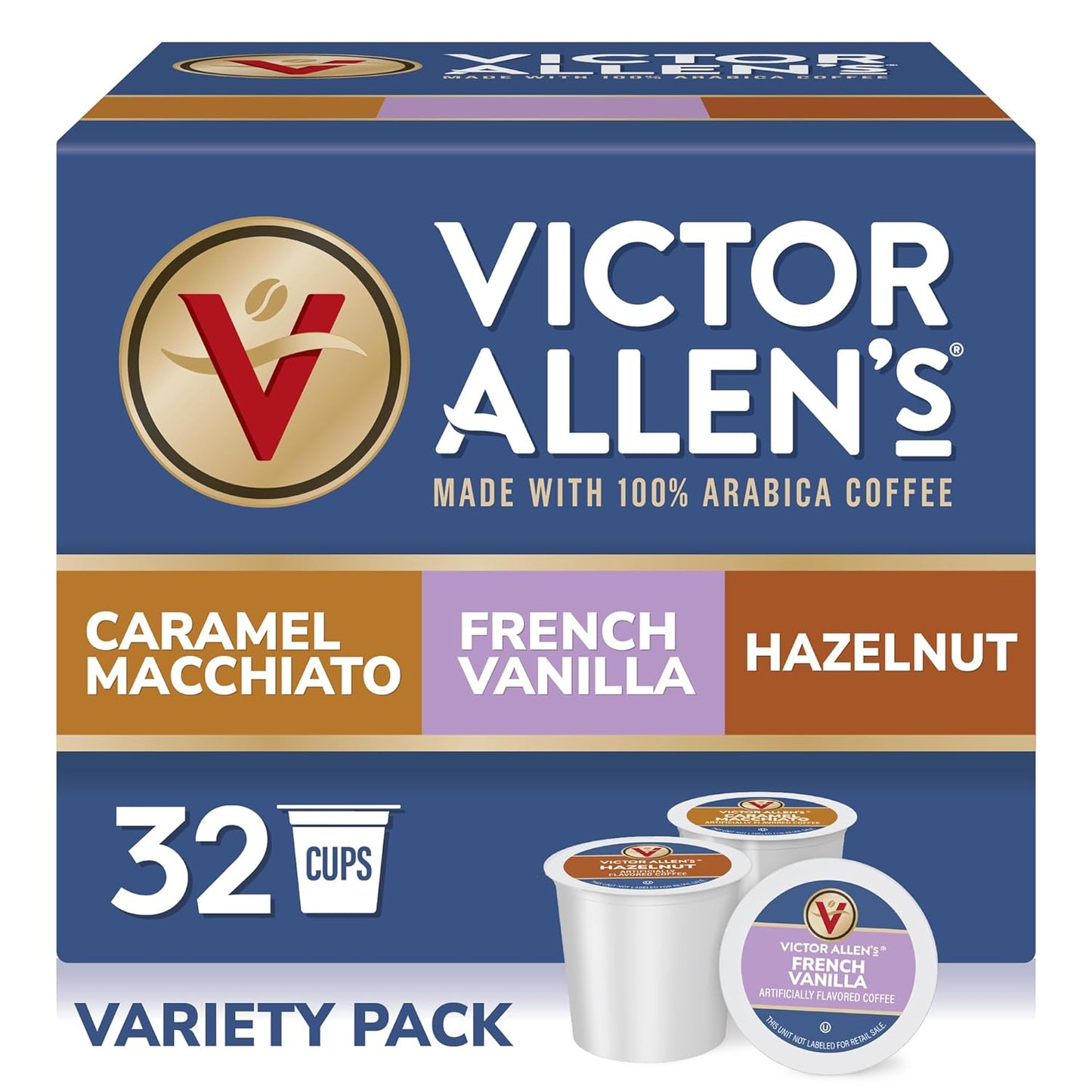 Victor Allen's Coffee Variety Pack - Single Serve Pods with French Vanilla, Caramel Macchiato & Hazelnut | 32 Count for Keurig K-Cup Brewers