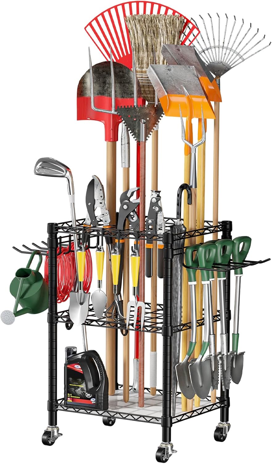 T1 Garden Tool Organizer - Heavy Duty Freestanding Storage with Lockable Wheels | Holds Up to 50 Tools, Black