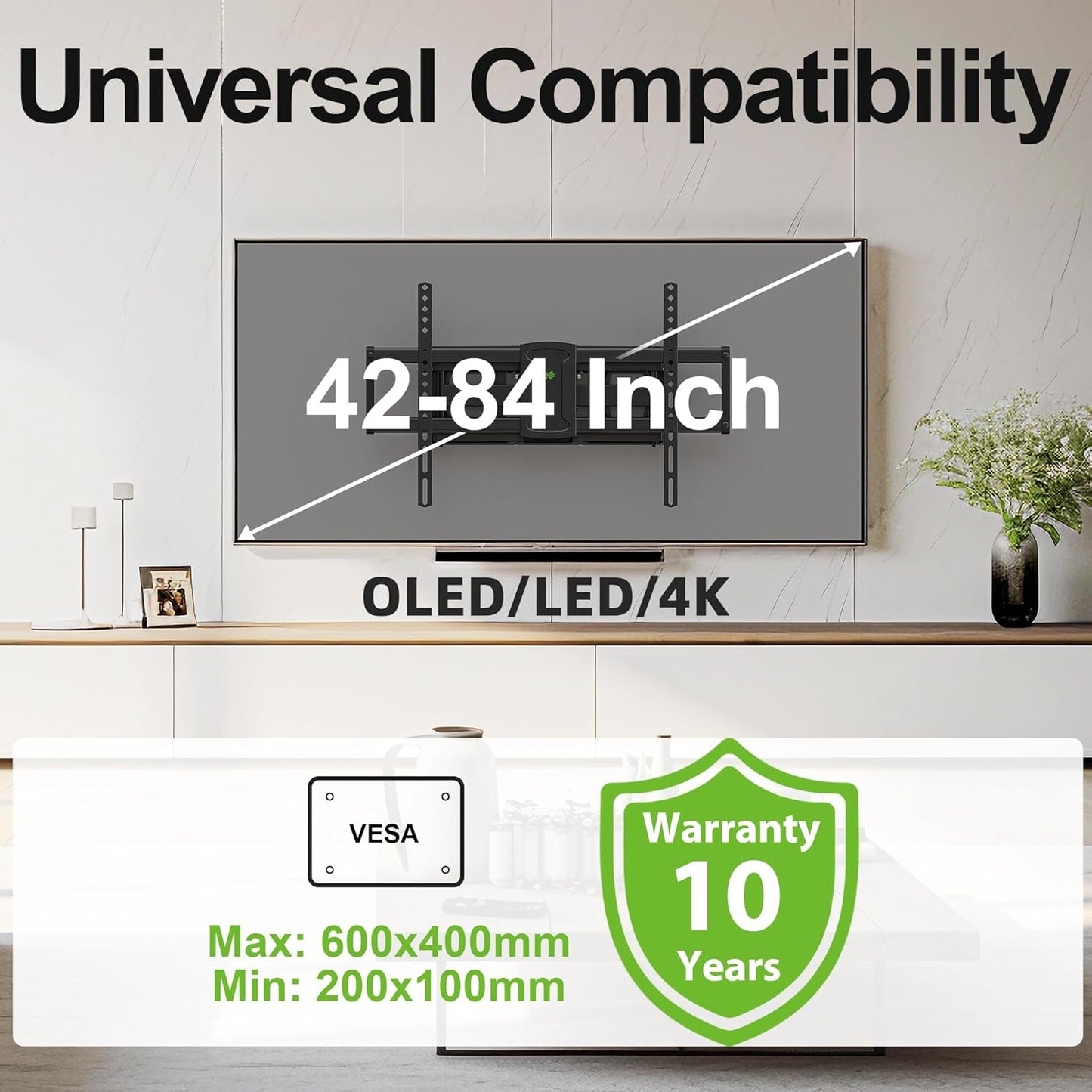 USX MOUNT Full Motion TV Wall Mount - Fits 42-84 Inch TVs, 120lbs Capacity, VESA 600x400mm, Dual Articulating Arms
