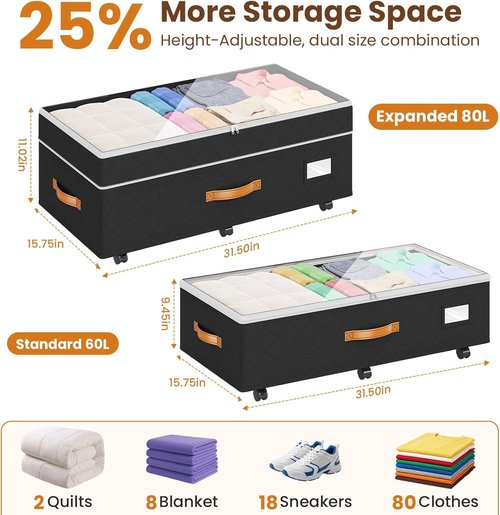 Budding Joy Under Bed Storage Containers - 90L Capacity with Wheels | 2-Pack for Easy Organization
