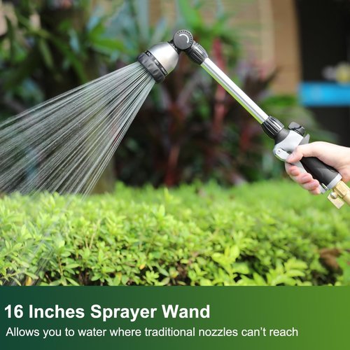 FANHAO Heavy-Duty Watering Wand - 16-Inch Metal Hose Nozzle with 8 Spray Patterns & Thumb Control
