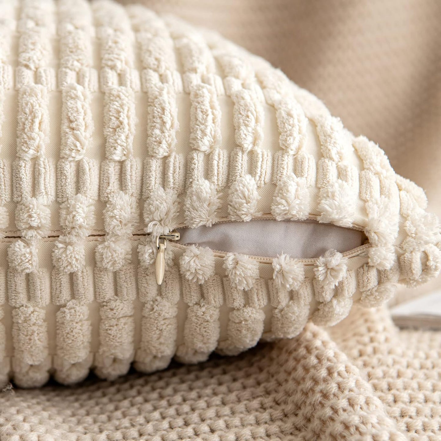 MIULEE Corduroy Throw Pillow Covers - Soft Boho Striped Design | 12x12 Inch Cream White Decor