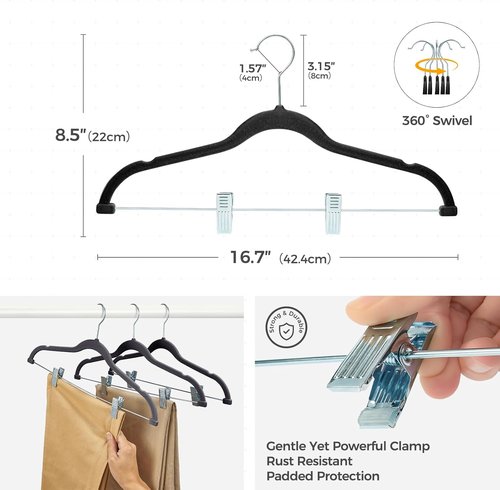 HOUSE DAY Velvet Hangers - Heavy Duty Non-Slip Suit Organizer with Adjustable Clips | 10-Pack (Black)
