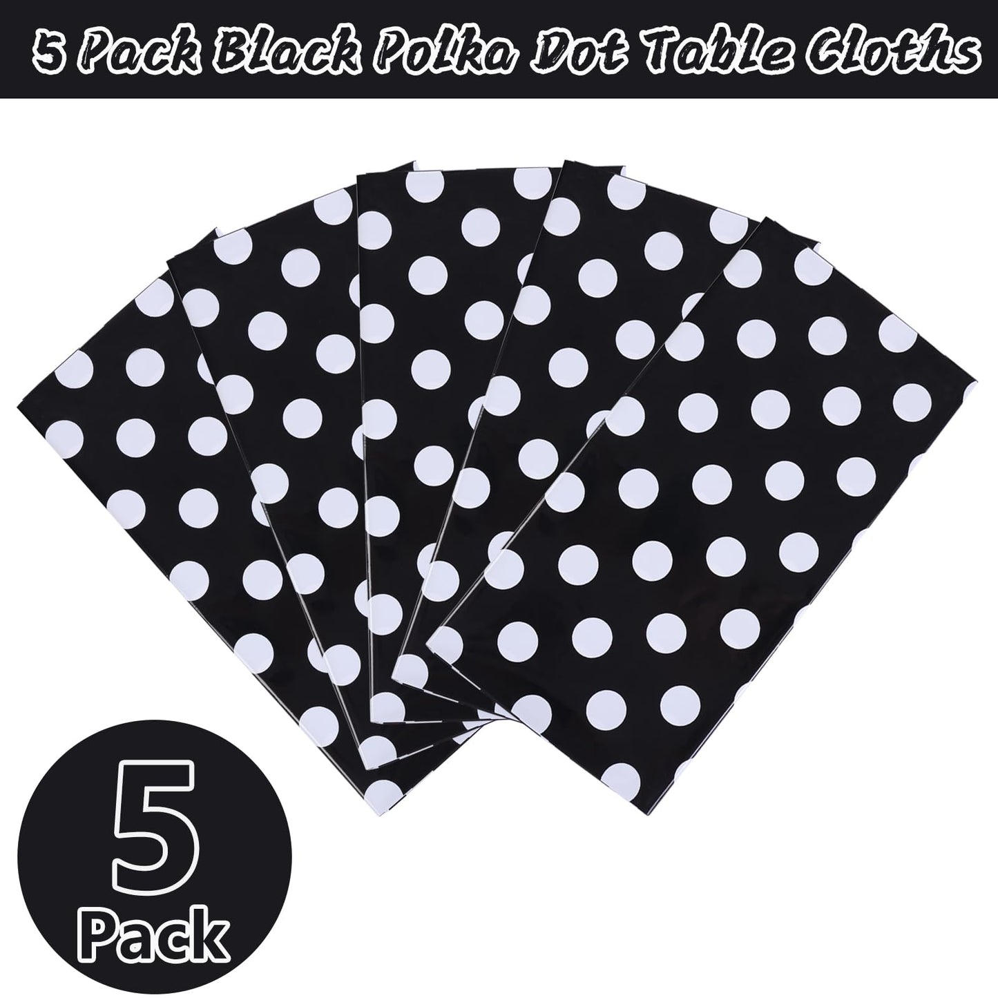 Kesfey 5 Packs Black and White Dots Table Cloth 54x108 Inch Black Polka Dot Mini Mouse Plastic Table Cloth Disposable Black Waterproof Picnic Table Covers for Rectangle Tables Halloween Birthday Party