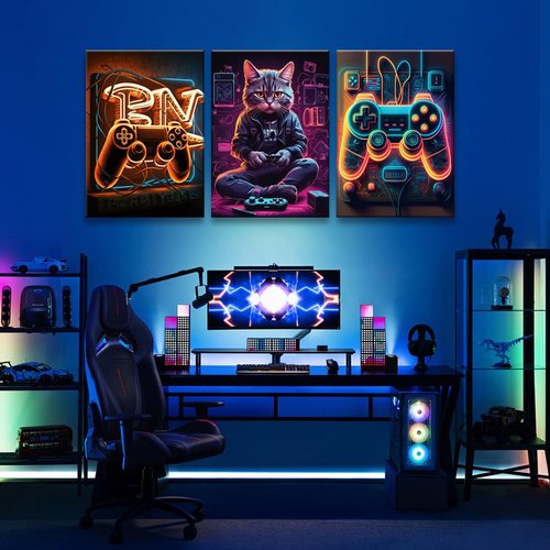 Eysintum Gaming Wall Art - Retro Video Game Controller & Cat Canvas Prints | 12x16in Set of 3 for Boys' Room Decor