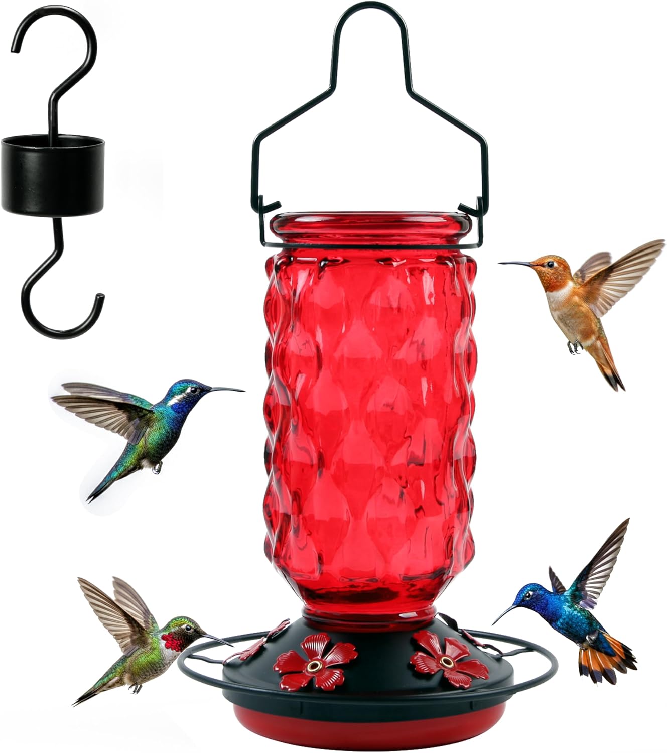 Skiennix Glass Hummingbird Feeder - 25 Oz Red Nectar Feeder with 5 Feeding Ports & Ant Moat | Ideal Garden Gift