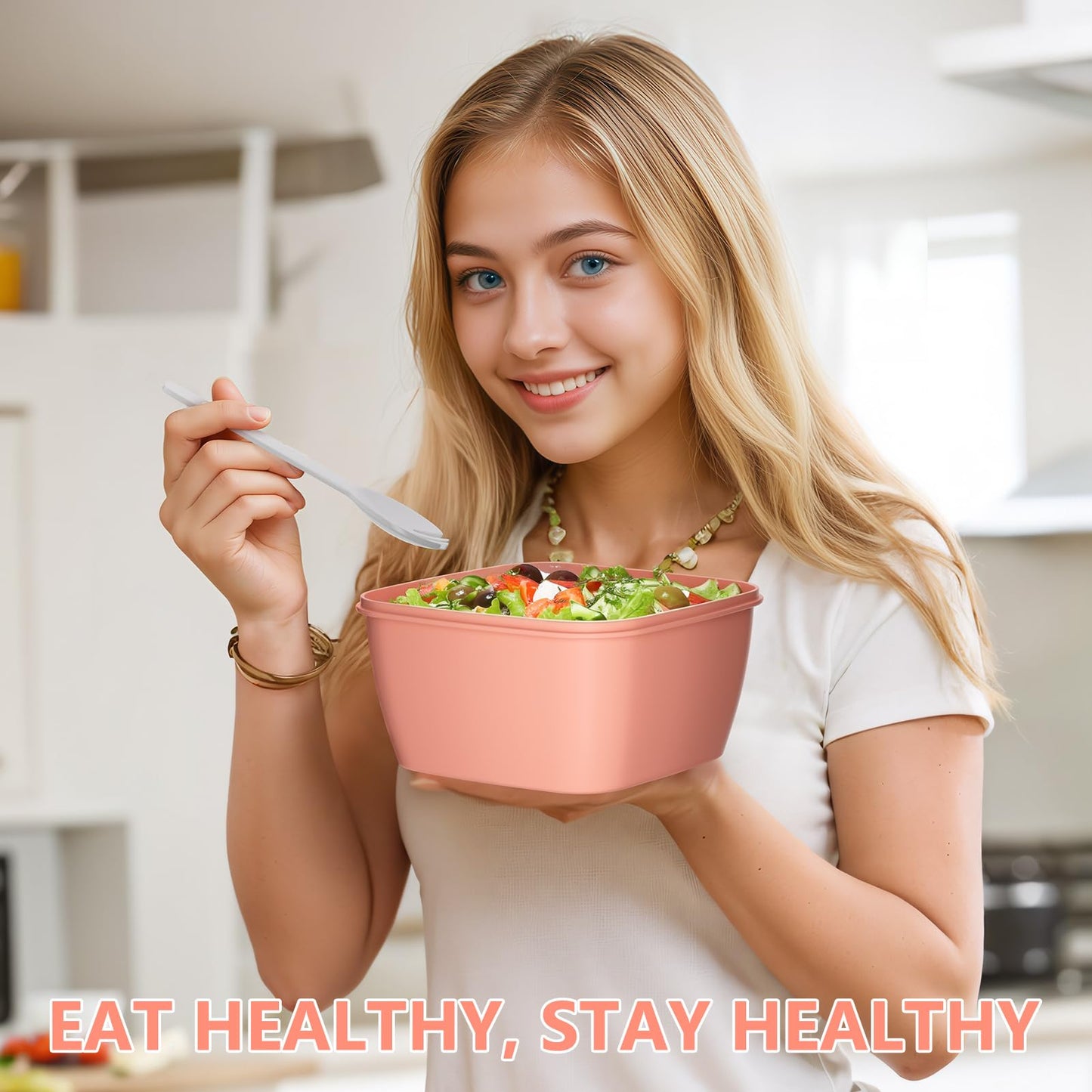 Cherrysea Salad Lunch Container, Salad Bowls with 3 Compartments Tray,Leak Proof Lunch Box with Fork for Men,Women BPA-Free Snack Container with Sauce Container for Dressings-Pink