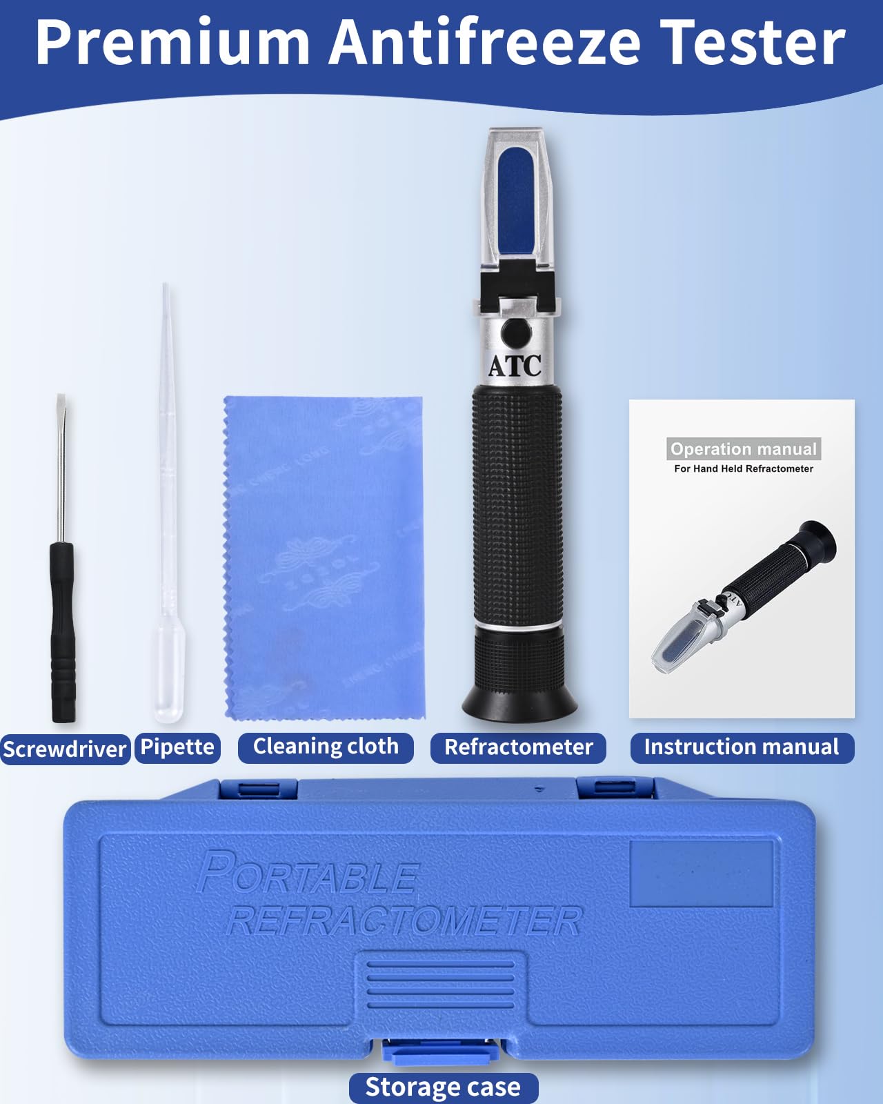 4-in-1 Antifreeze Coolant Refractometer, DEF Refractometer with ATC, Automotive Antifreeze Tester for Ethylene Glycol, Propylene Glycol, Diesel Exhaust Fluid, Battery Acid & Windshield Washer Fluid