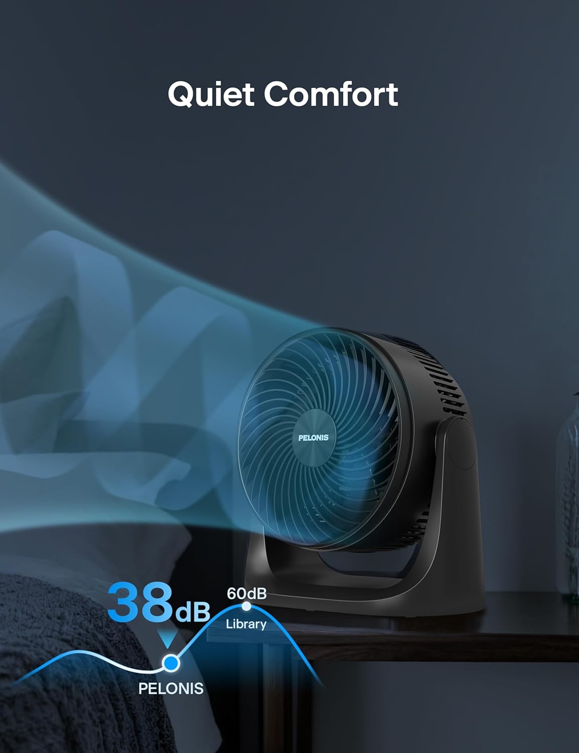 Pelonis 3-Speed Table Fan - 7-Inch Blade with 100° Adjustable Head Tilt | Compact Desktop Fan for Bedroom, Dorm, and Office - Black