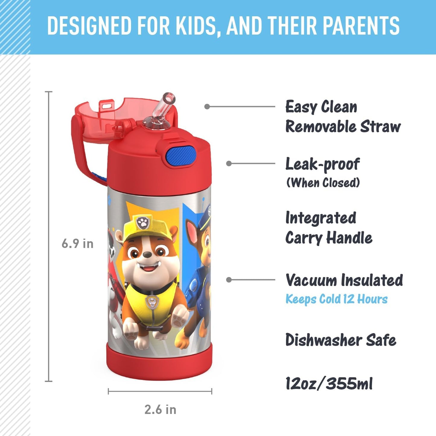 THERMOS FUNTAINER Water Bottle - 12 Ounce Kids Stainless Steel Vacuum Insulated with Straw | Paw Patrol Design