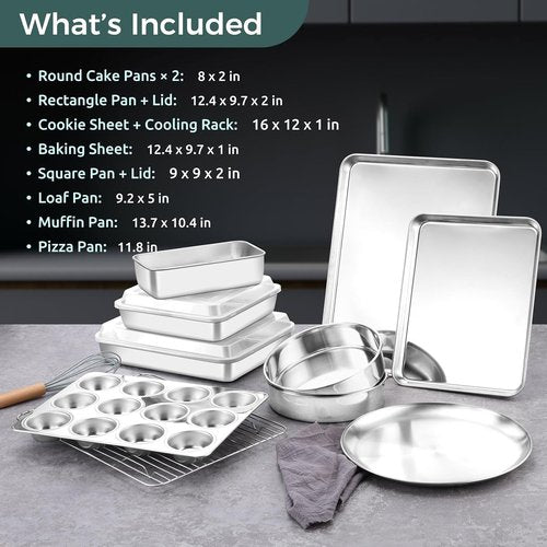 E-far 12-Piece Stainless Steel Bakeware Set - Multi-Functional Pans with Lids for Cakes, Muffins & Pizza