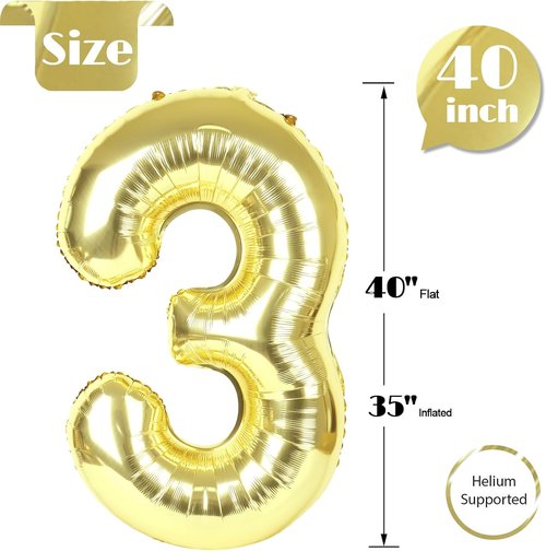 Champagne Gold Number 3 Balloon - 40 Inch Light Gold Birthday Decorations for Kids & Women