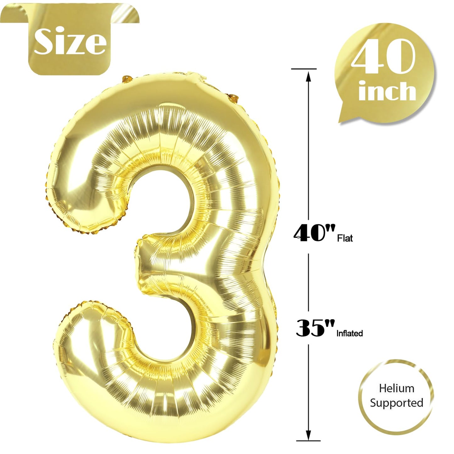 Light Gold Number 3 Balloon 40 Inch, 3rd Birthday Celebration Supplies for Girls Boys Women Men, 3 Balloon for Girls Boys Theme Party