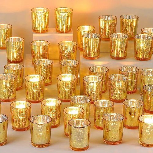Gold Votive Candle Holders Set of 24 - Speckled Mercury Gold Glass Candle Holder Bulk - Ideal Fall Decor for Boho Wedding Centerpiece Table，Halloween & Thanksgiving Decorations Indoor