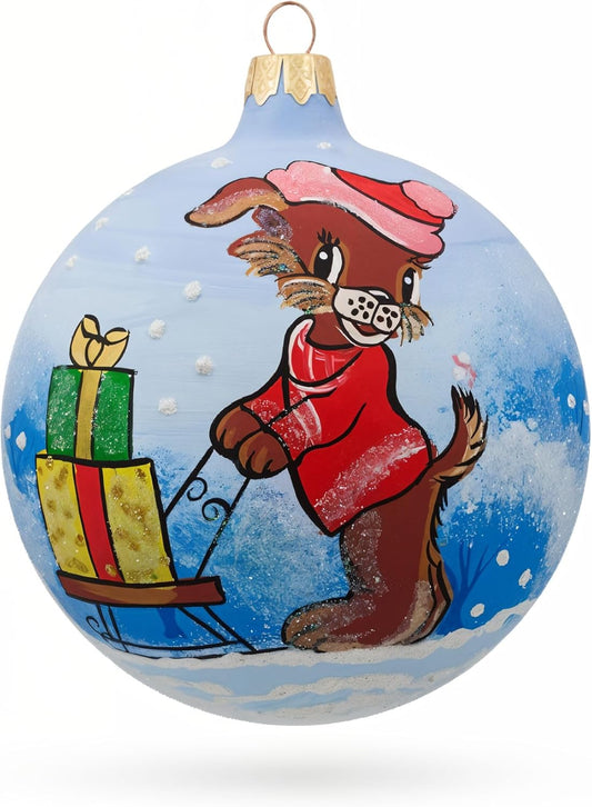 Dog Sleigh Christmas Ornament - 3.25 Inch Glass Ball Holiday Decor