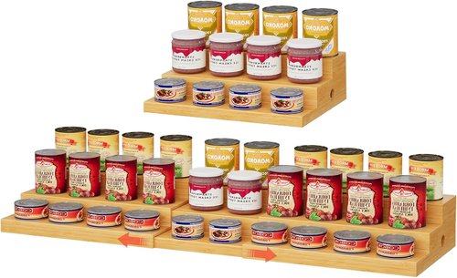 Bamboo Can Rack | Extra-Long Expandable 3-Tier Organizer - Adjustable Pantry Storage for 45 Cans