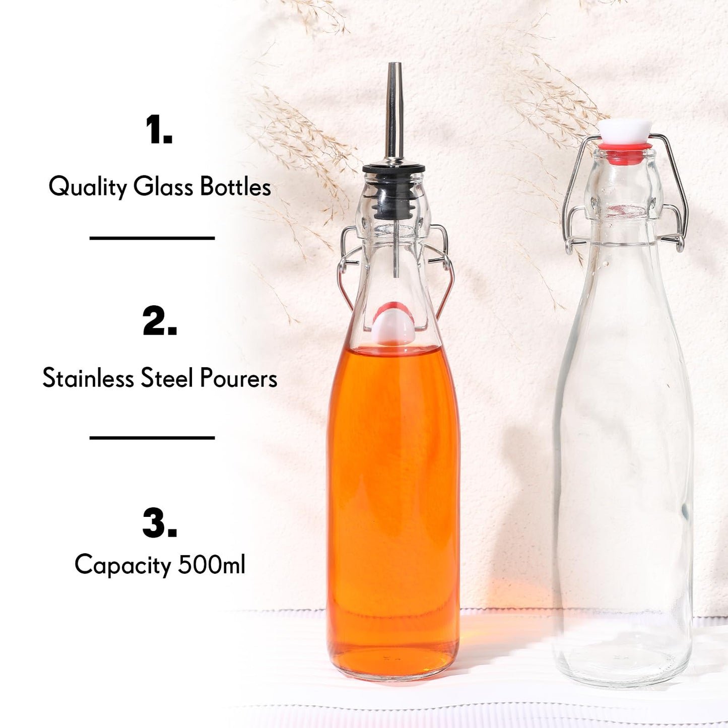 Baderke 6 Pack Swing Top Glass Bottles with Airtight Stopper Lids and Pourers Flip 17oz Top Brewing Pour Bottle for Syrup, Fermentation, Kombucha, Mead, Vinegar, Beer, Kefir, Wine, Vanilla Extract
