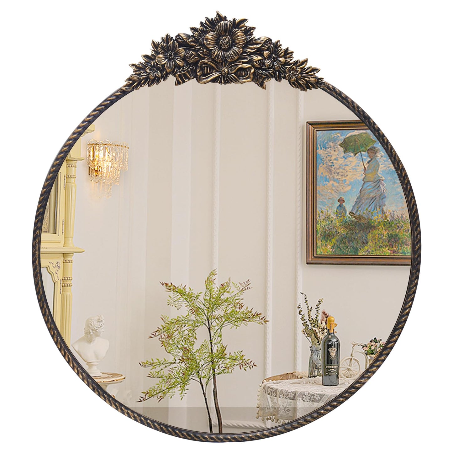 YIDIE Round Mirror, 28''Baroque Style Wall Mirror Metal Frame Circle Mirrors for Entryway, Living Room or Bedroom,Retro Black