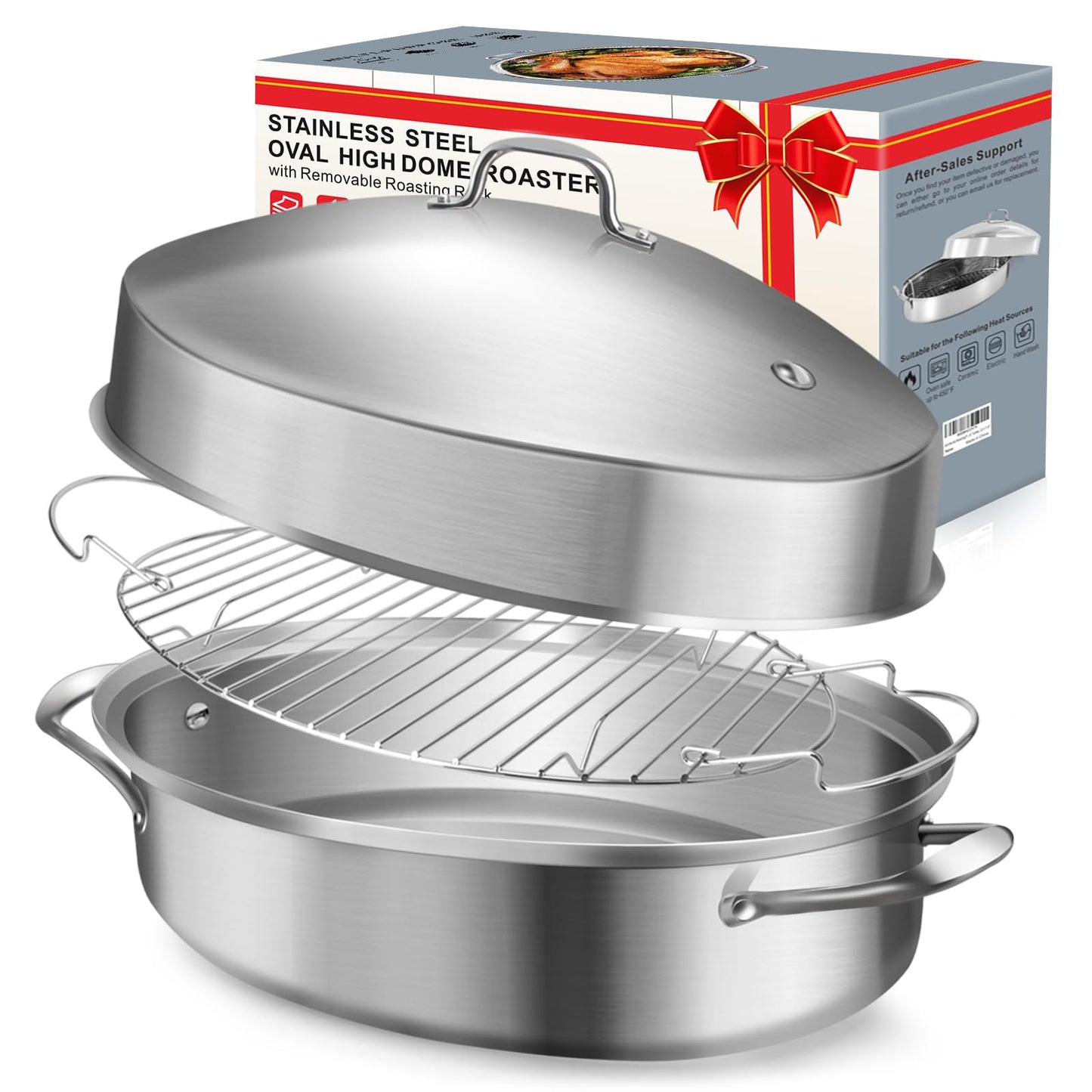 Large Roasting Pan with Rack and Lid, Gifts for mom women wife, Stainless Steel Large Oval Roaster, Nonstick Oven Cookware for Turkey Chicken, 21 Inch