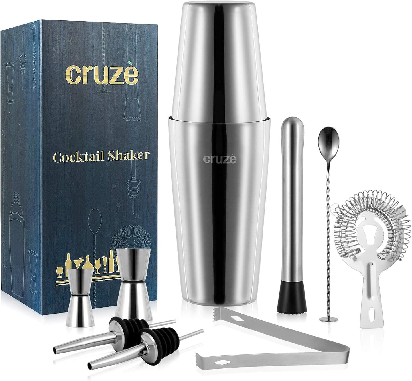 12-Piece Cocktail Shaker Set with Stand – 25oz Bartender Kit Including Shaker Jigger Muddler Bar Spoon Strainer Tongs 4 Pourers & Opener – Gift Box for Home Entertaining