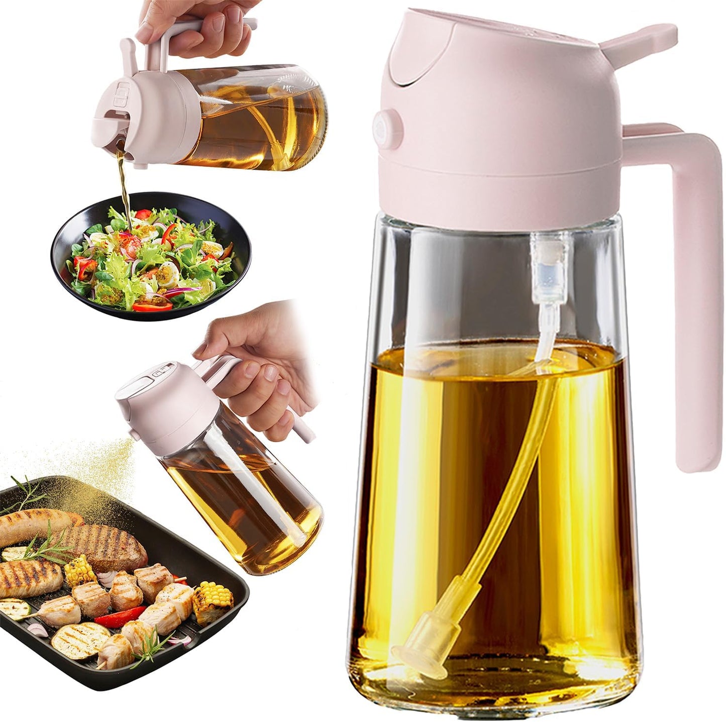 TrendPlain Glass Olive Oil Sprayer - 2-in-1 Dispenser for Cooking, Air Fryer & BBQ - 16oz Peach
